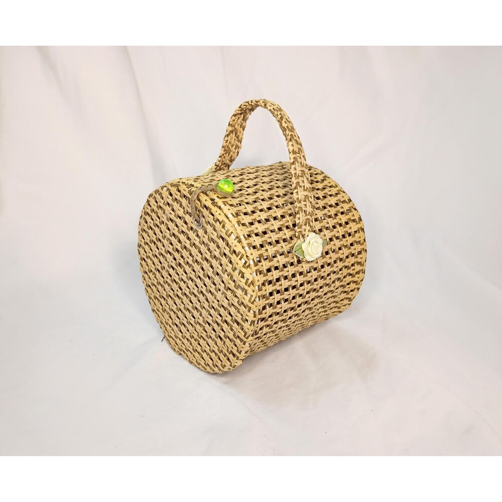 Vintage Woven Rattan Handbag Round Straw Purse